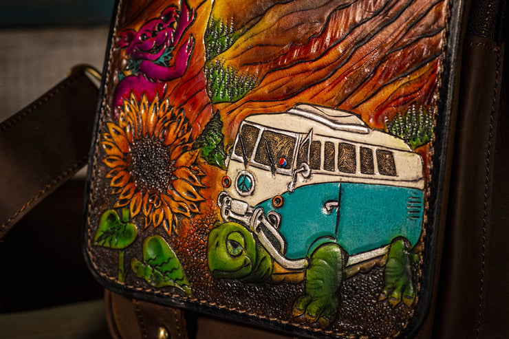 Dead Themed - Terrapin VW Bus and Red Rocks - Leather Crossbody Messenger Bag - Lotus Leather