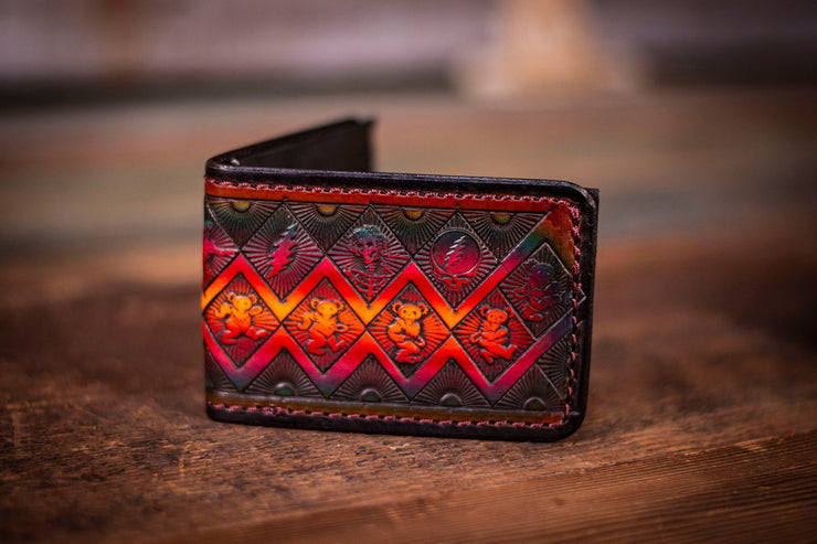 Deadhead Pattern - Tooled Leather Wallet- Sunset Colors - Lotus Leather