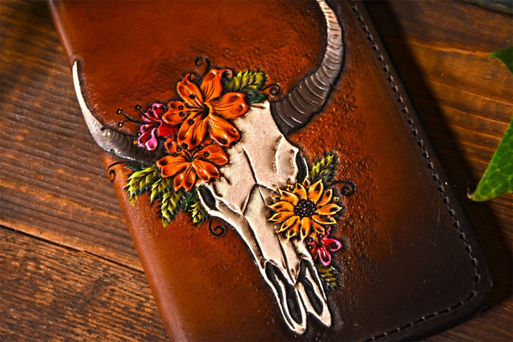 Desert Bull Skull - Tooled Long Leather Wallet - Lotus Leather