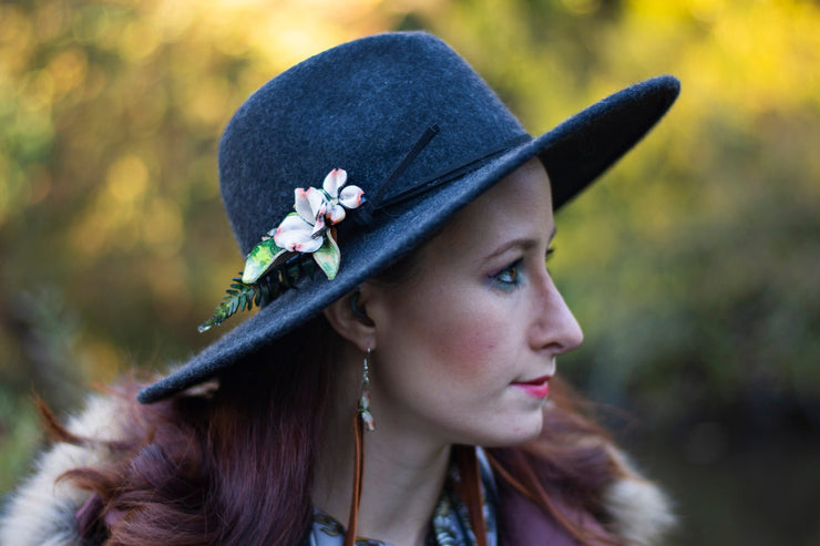 Dogwood Flower and Fern - Tooled Leather Hat or Hair Clip - Lotus Leather