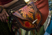Fall Maple Leaf - Elven Tooled Leather Expandable Belt Bag - Lotus Leather