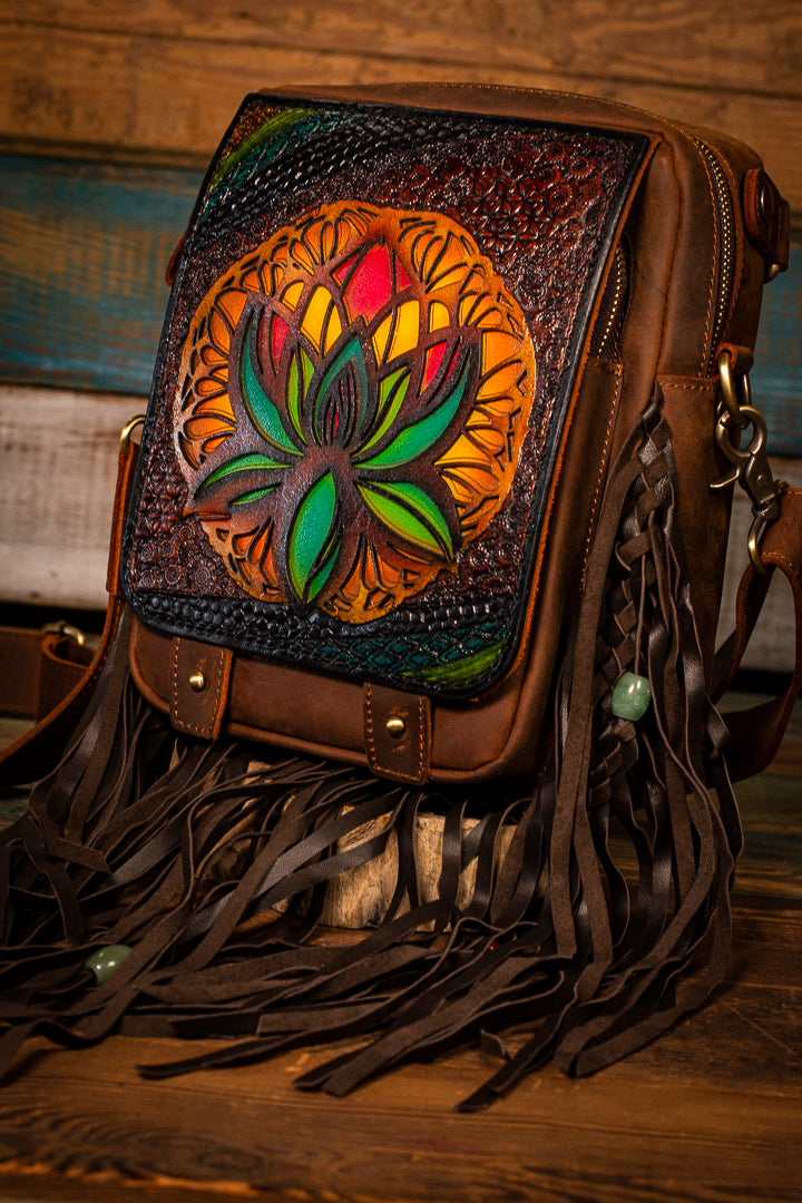 Lotus Flower - Filigree - Leather Crossbody Messenger Bag
