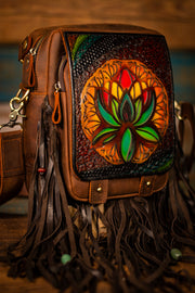 Lotus Flower - Filigree - Leather Crossbody Messenger Bag