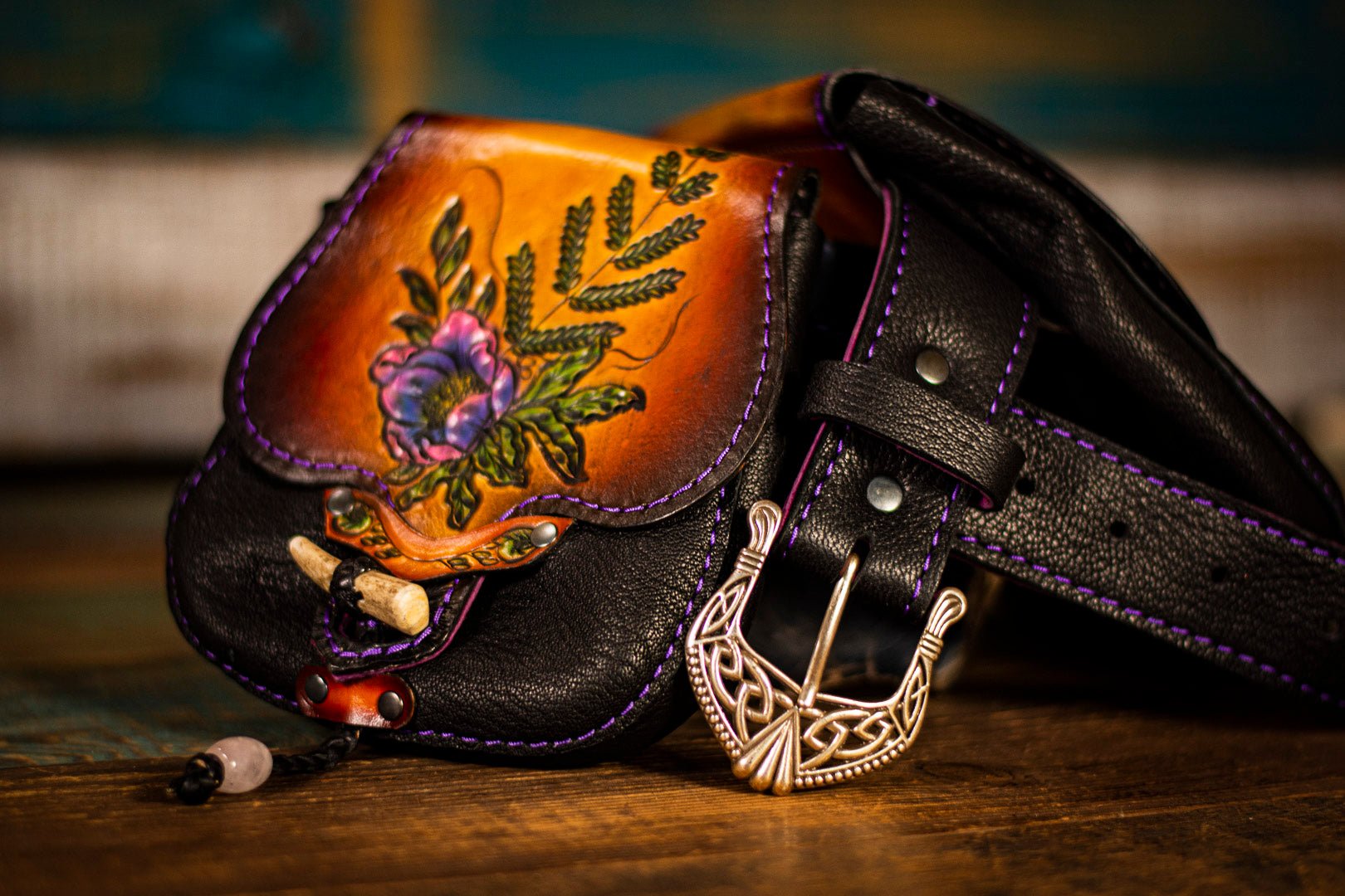 Tree of Life - Elven Tooled Leather Expandable Belt Bag - Lotus