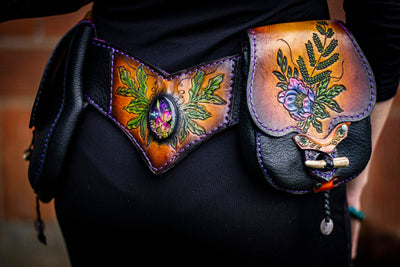 Floral Themed - Removable Pouches and Real Antler Toggle Closures - Tooled Leather Belt Bag - Lotus Leather