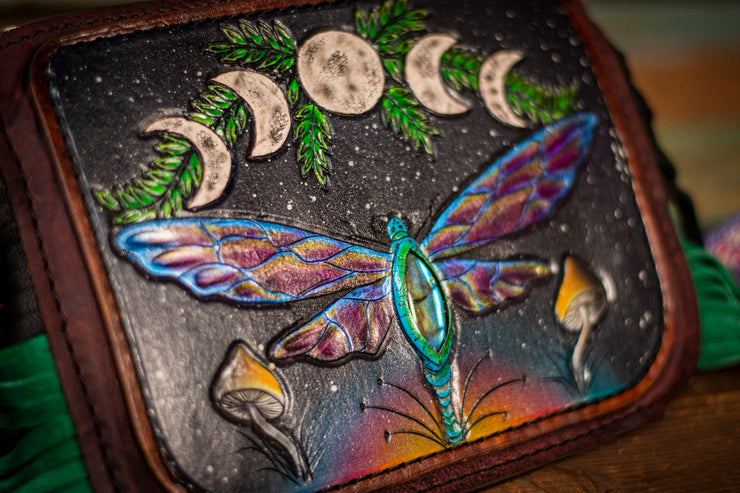 Zebra Moth - Built-in Wallet and Coin Pouch - Tooled Leather Clutch Handbag - Lotus Leather Floral Strap