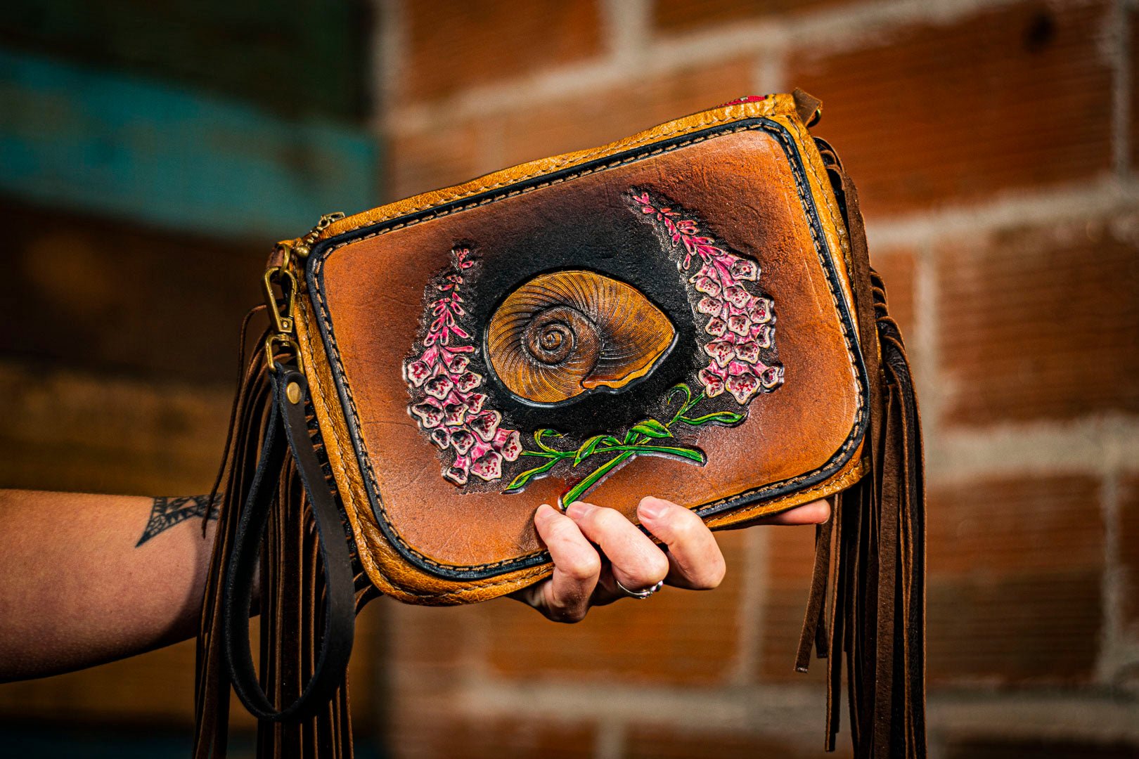 Fringy Dragonfly - Built-in Wallet and Coin Pouch - Leather Clutch Bag - Lotus Leather Paisley Strap