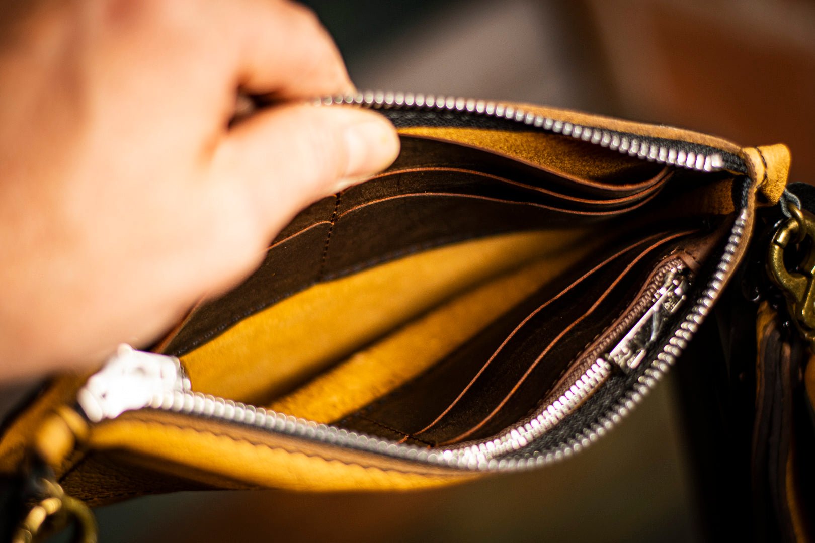 Fringy Dragonfly - Built-in Wallet and Coin Pouch - Leather Clutch Bag - Lotus Leather Paisley Strap