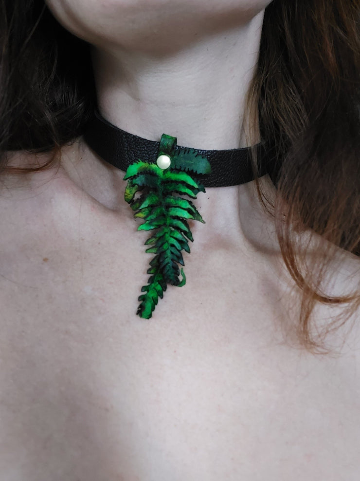 Green With Pink Fern - Leather Choker - Lotus Leather