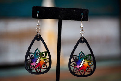Hand Painted - Rainbow - Mandala with Lightning Bolt - Leather Earrings - Lotus Leather