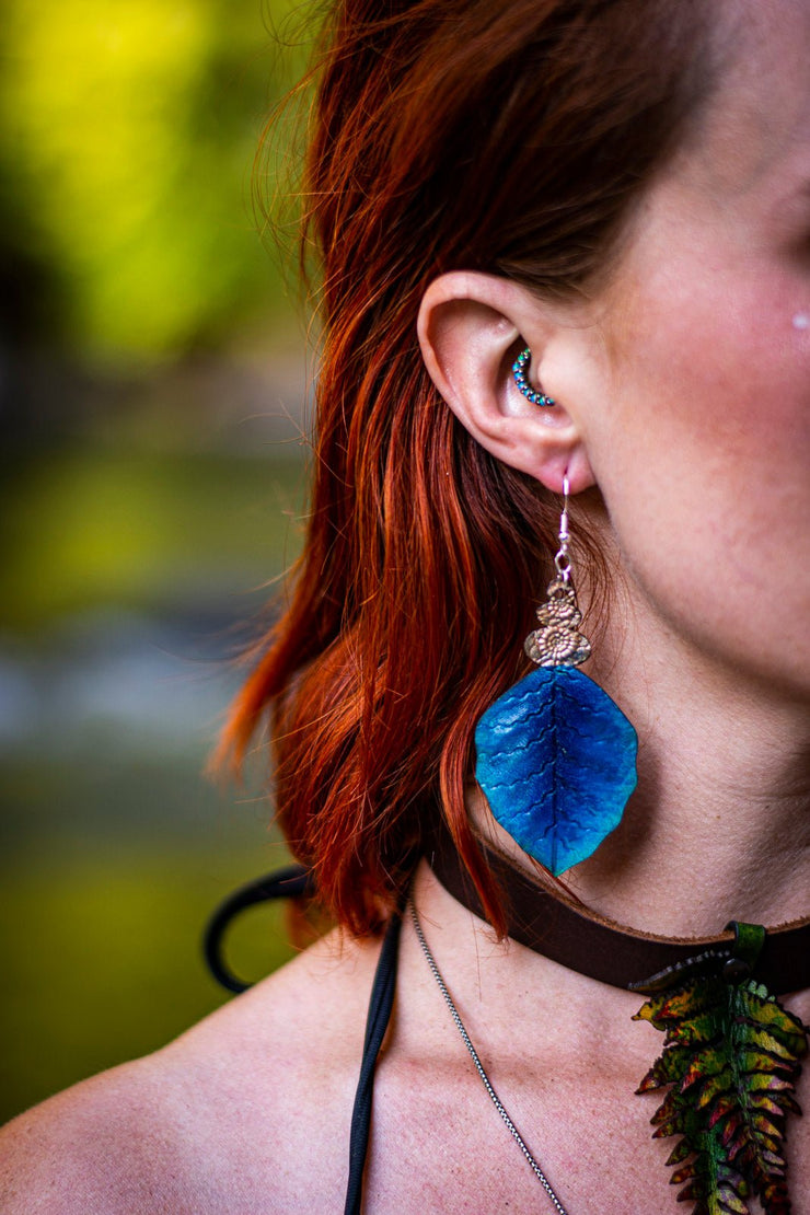 Hand Tooled Blue Leather Leaf Earrings - Unique and Lightweight - Lotus Leather