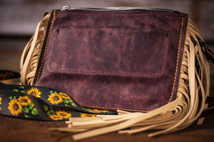 Hand-Tooled Leather Grateful Sunflower Fringe Clutch Bag - Rainbow Festival Boho Style - Lotus Leather