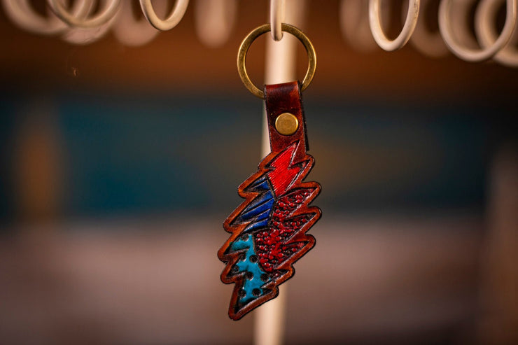 Hand-Tooled Leather Patchwork Bolt Keychain - Inspired by Iconic Rock Legends - Lotus Leather