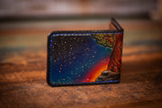 Hand-Tooled Leather Wallet with UFO & Lake Scene - Paranormal Artistry with Starry Night Sky - Lotus Leather