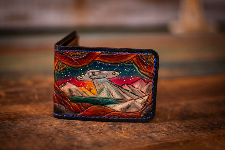 Hand-Tooled Leather Wallet with UFO & Lake Scene - Paranormal Artistry with Starry Night Sky - Lotus Leather