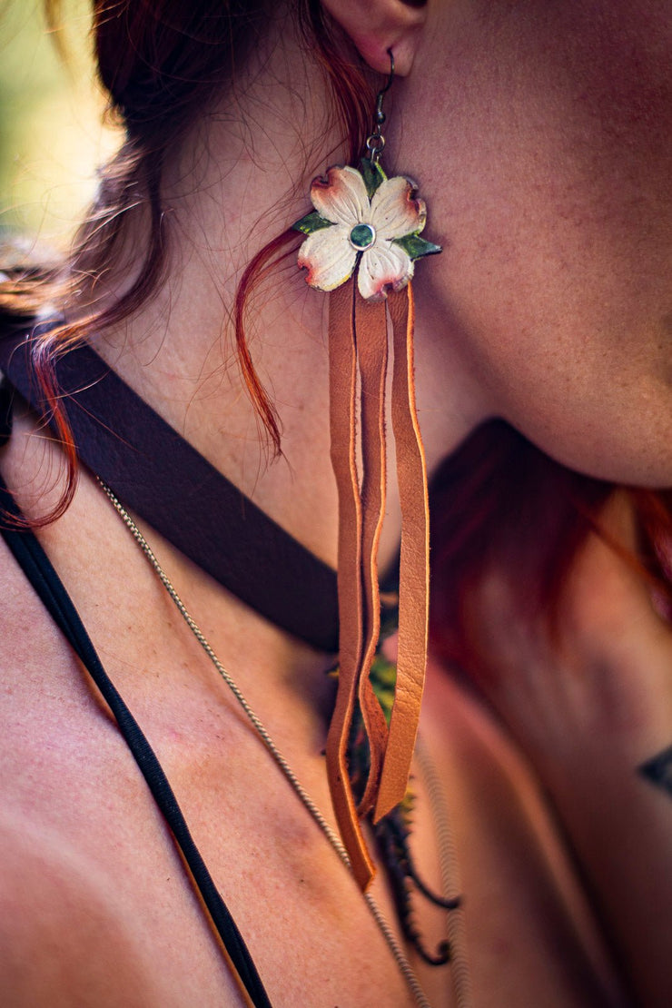 Handcrafted 3D Dogwood Flower Leather Earrings with Fringe - Lotus Leather