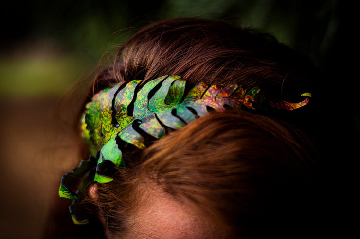 Handcrafted 3D Realistic Fern Leaf Leather Headband in Green - Lotus Leather