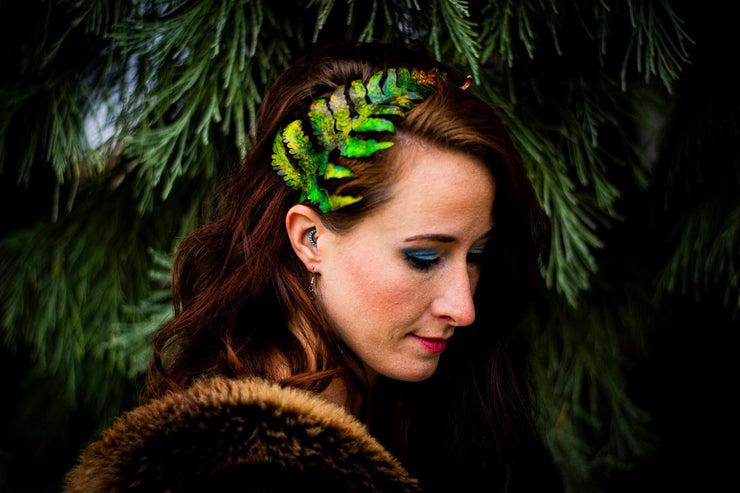 Handcrafted 3D Realistic Fern Leaf Leather Headband in Green - Lotus Leather