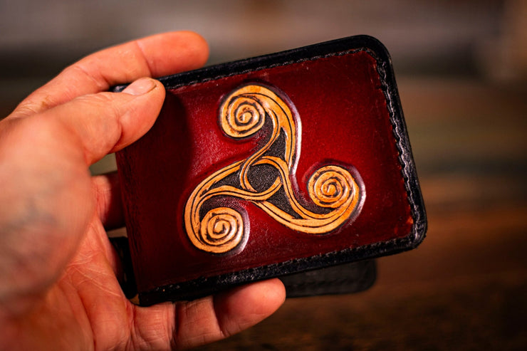 Handcrafted Celtic Triskele Design Wallet on Rich Brown-Mahogany - Lotus Leather
