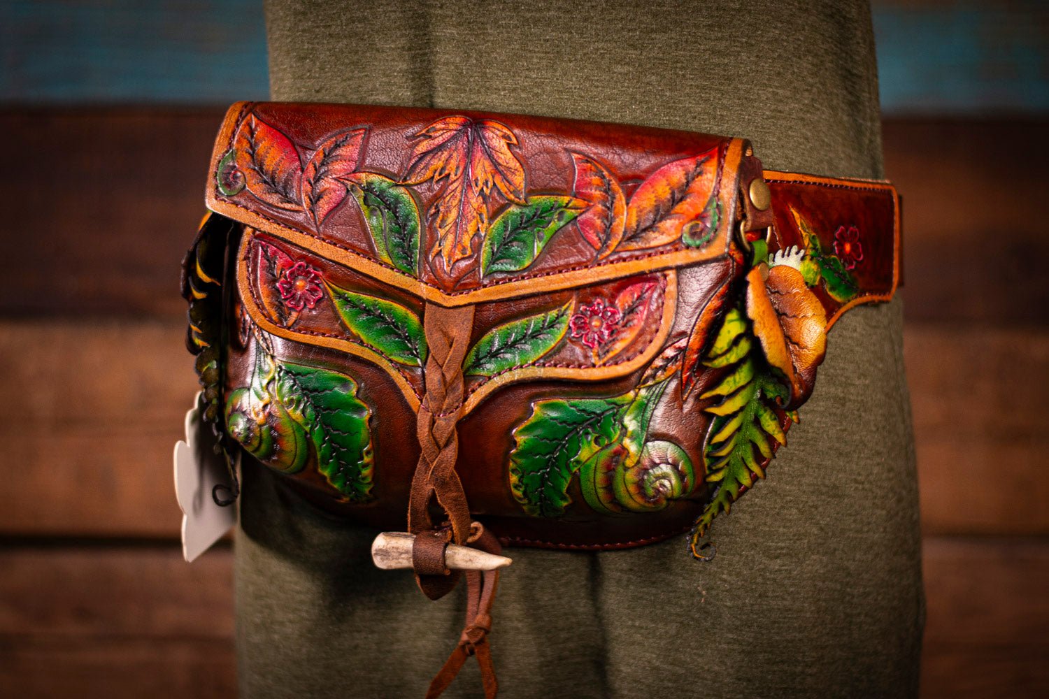 PHOTOS Handcrafted Leather Fanny Pack Fern Leaf Design for Festivals Lotus Leather