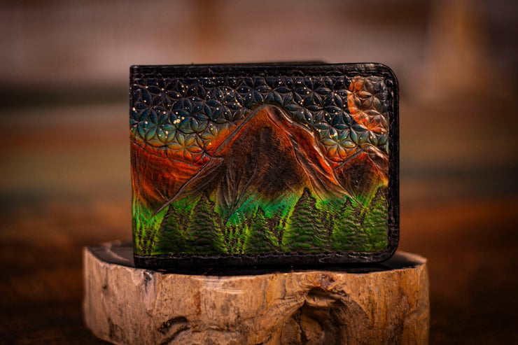 Handcrafted Leather Wallet with Sacred Geometry - Sunset Mountain Scene, Customizable Colors - Lotus Leather