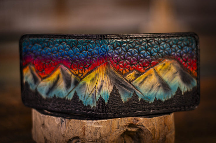 Handcrafted Leather Wallet with Sacred Geometry - Sunset Mountain Scene, Customizable Colors - Lotus Leather