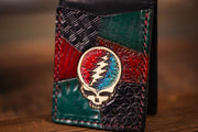 Handcrafted Patchwork Stealie Money Clip - Artistic Teal, Brown & Black Design for Music Lovers & Festival Enthusiasts - Lotus Leather