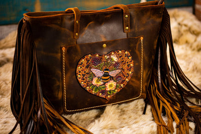 Honey Bee and Blackberry Themed - Leather Fringe Tote Bag - Lotus Leather