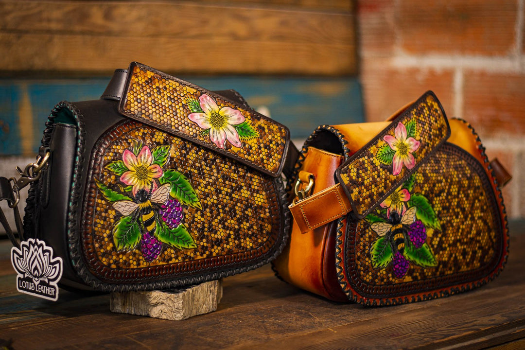 VTG Indeed Colored Tooled 2024 Leather Lotus Flower Bucket Bag