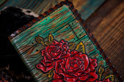 Roses - Distressed Wood Pattern - Tooled Leather Wallet