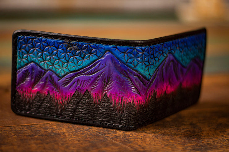 Handcrafted Leather Wallet with Sacred Geometry - Sunset Mountain Scene, Customizable Colors