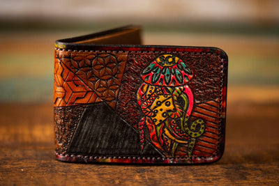 Jellyfish Eating Cheese Patchwork - Tooled Leather Wallet - Lotus Leather