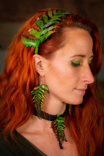 Large Double Fern Leather Earrings- Green - Lotus Leather