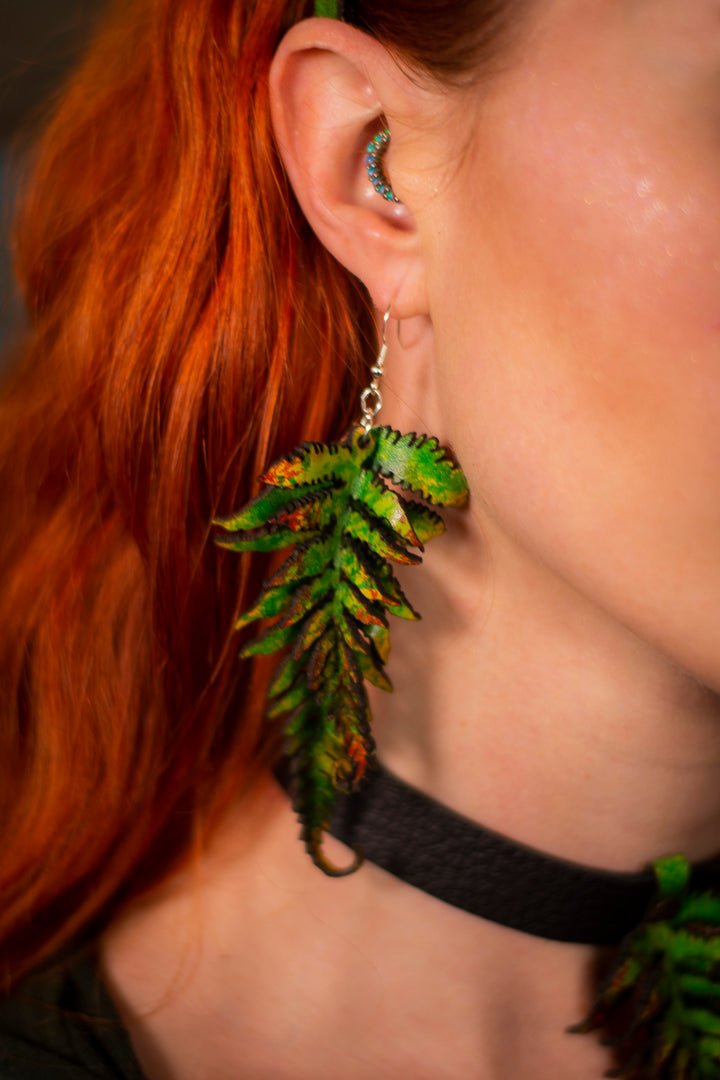 Large Double Fern Leather Earrings- Green - Lotus Leather