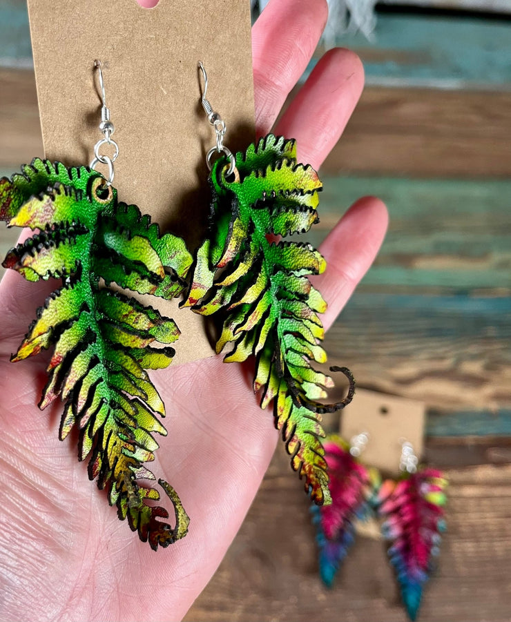 Large Fern Leather Earrings- Green - Lotus Leather