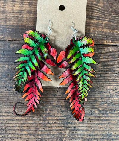 Large Fern Leather Earrings- Red & Green - Lotus Leather