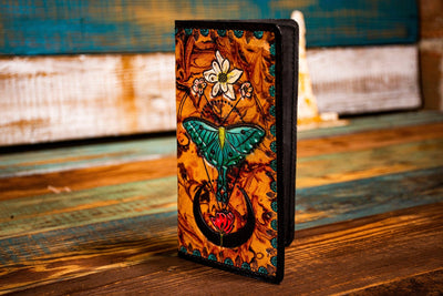 Lotus Flower, Moon, and Luna Moth - Tooled Long Leather Wallet - Lotus Leather