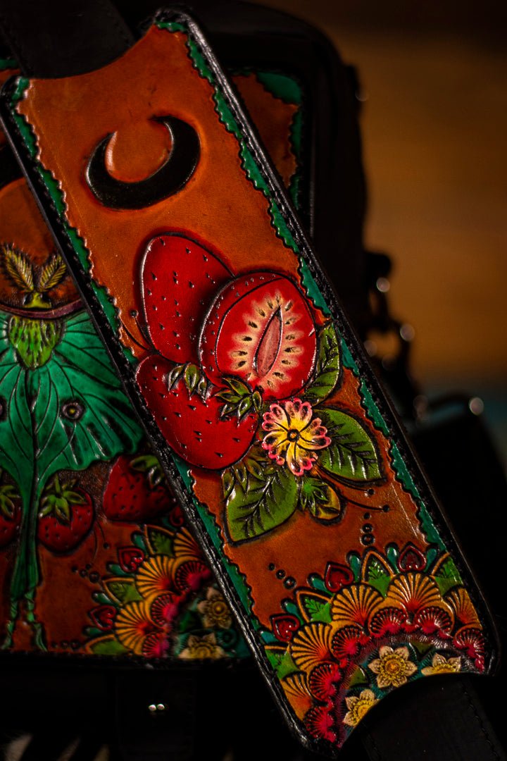 Luna Moth and Strawberries - Leather Feathers - Tooled Leather Crossbody Purse - Lotus Leather