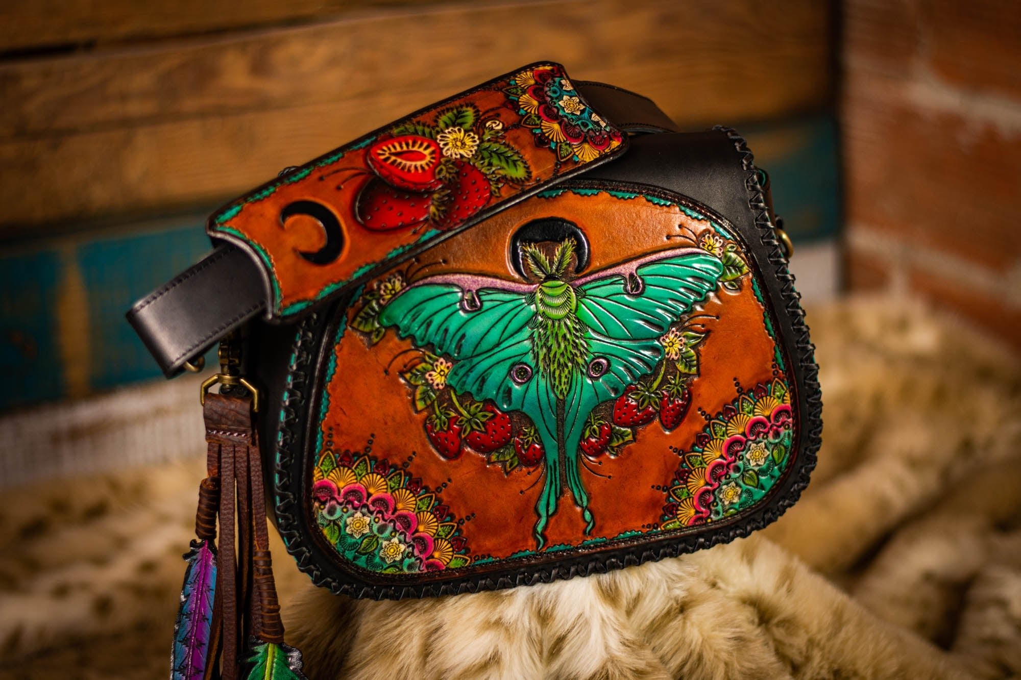 Luna Moth and Strawberry Tooled Leather Handbag