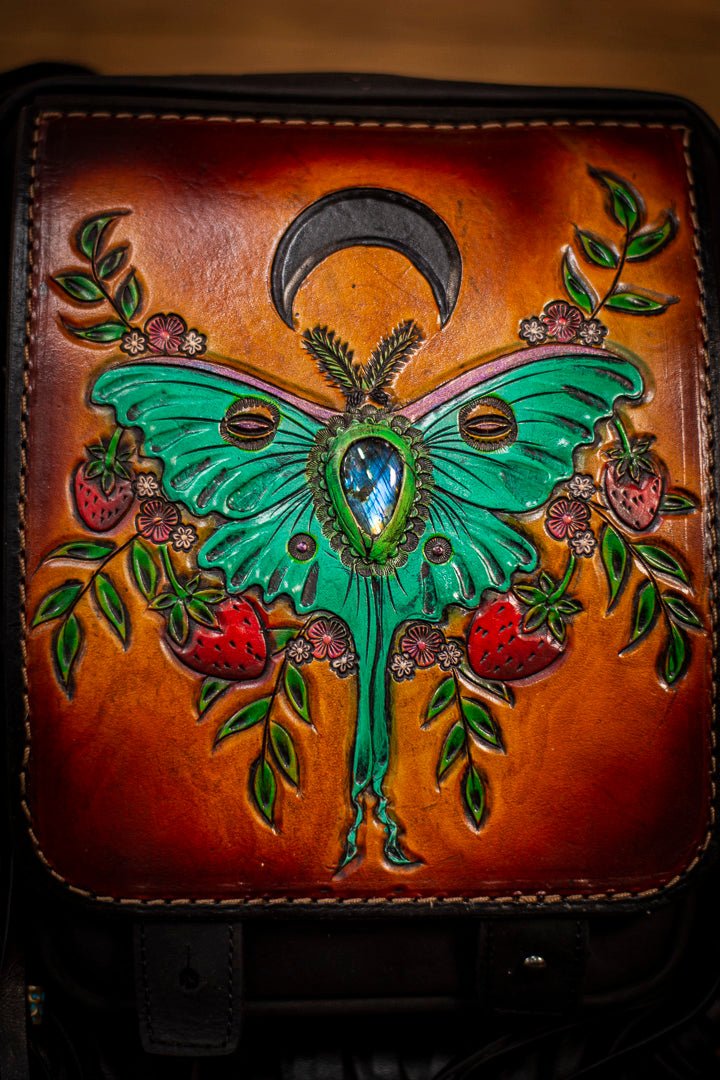 Luna Moth & Strawberries - Inlaid Labradorite Gemstone - Crossbody Purse - Lotus Leather