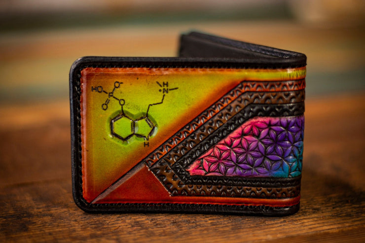 Magic Mushroom and Molecules - Tooled Leather Wallet - Lotus Leather