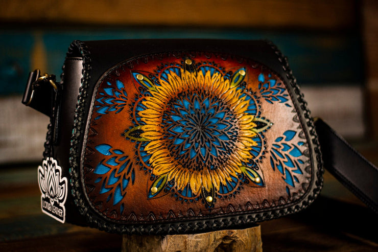 Mandala Sunflower - Choice of Fern or Feather Bag Charm - Tooled Leather Handag - Lotus Leather