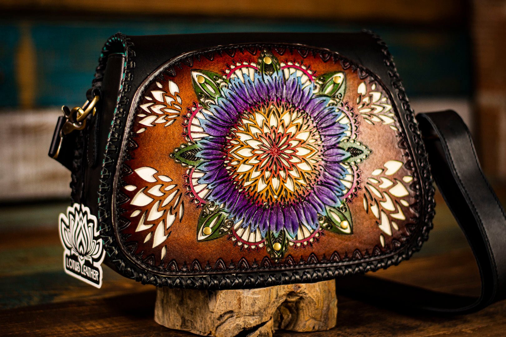 Mandala Sunflower Choice of Fern or Feather Bag Charm Tooled