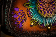 Mandala Sunflower - Choice of Fern or Feather Bag Charm - Tooled Leather Handbag - Lotus Leather