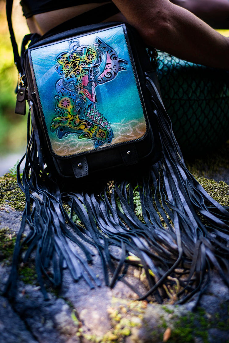 Mermaid - Inlaid Labradorite - Tooled Leather Crossbody Bag - Lotus Leather