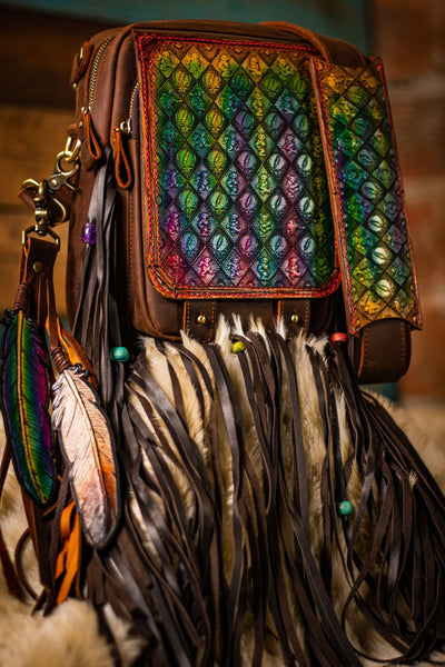 Multicolor - Dead Themed - Tooled Leather Crossbody Bag - Lotus Leather