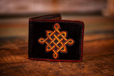 Norse-Inspired Handmade Black Leather Wallet with Intricate Knotwork - Lotus Leather