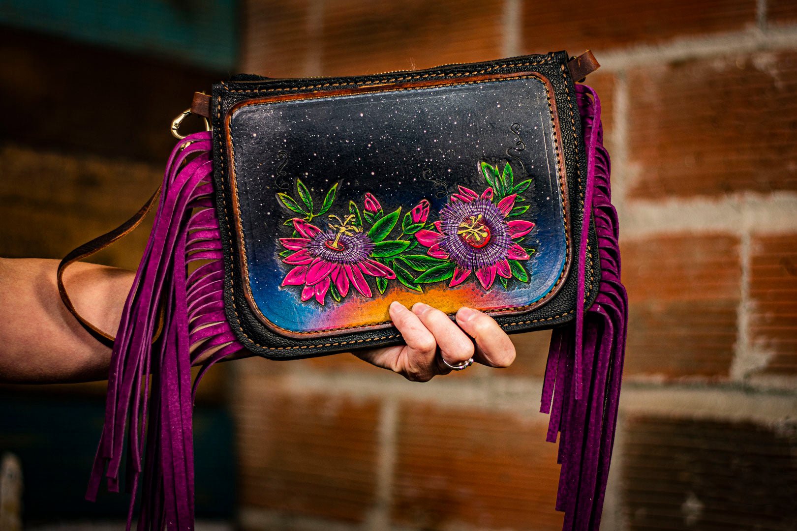 Fringy Dragonfly - Built-in Wallet and Coin Pouch - Leather Clutch Bag - Lotus Leather Paisley Strap