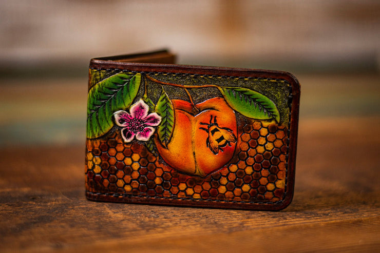 Peachy Honeybee - Tooled Leather Wallet - Lotus Leather