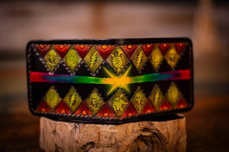 PHOTOS- Handcrafted Rainbow Burst Leather Wallet with Stealie, Terrapins, Dancing Bears, & Bertha Skeleton - Lotus Leather